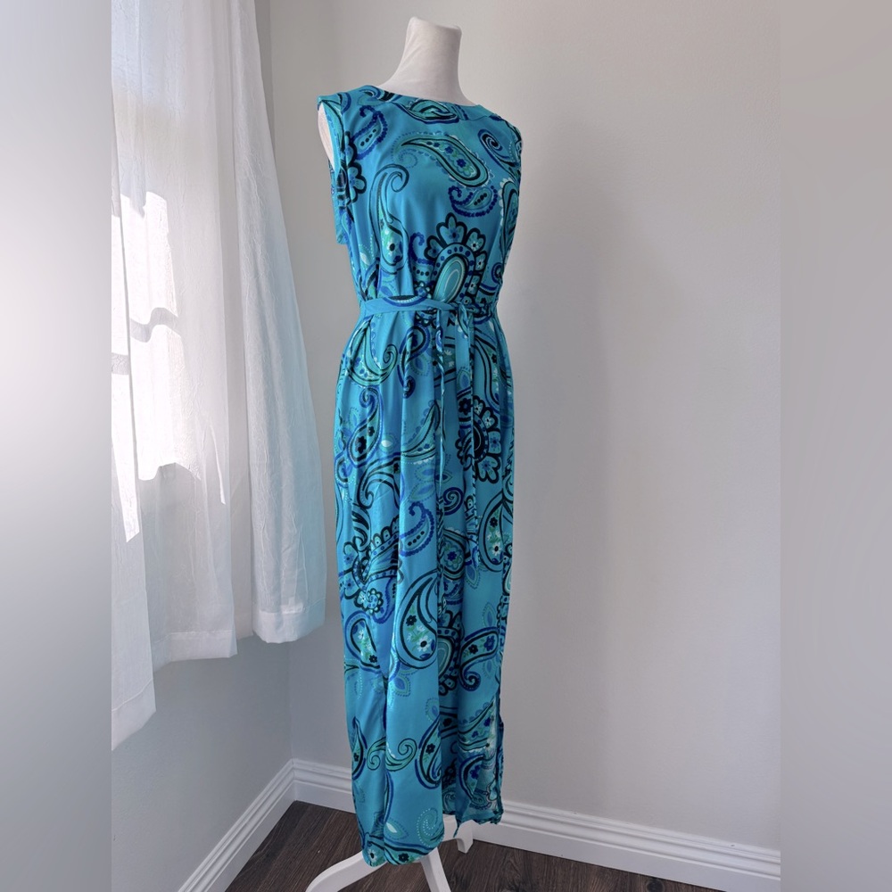 Vintage Y2K Dressing Clio Teal Paisley Print Sleeveless Belted Maxi Sundress